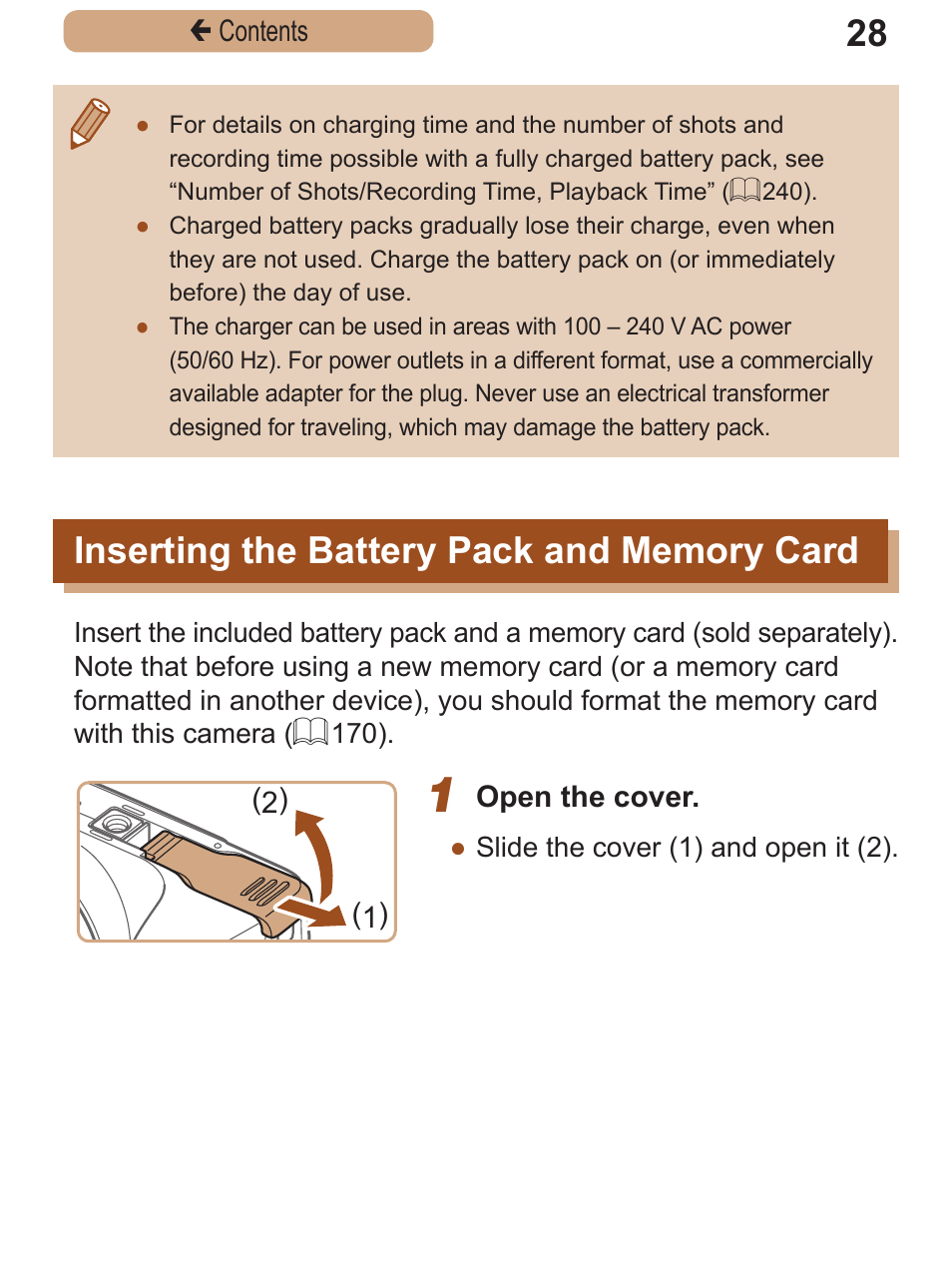 Inserting the battery pack and memory card, Inserting the battery, Pack and memory | Card | Canon PowerShot SX410 IS User Manual | Page 28 / 250