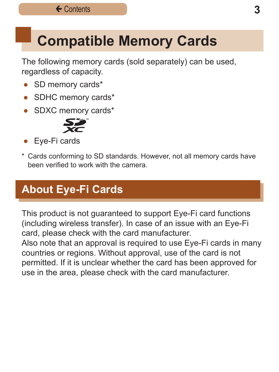 Compatible memory cards, About eye-fi cards | Canon PowerShot SX410 IS User Manual | Page 3 / 250