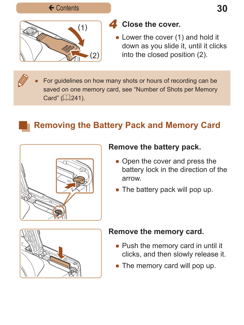 Removing the battery pack and memory card, Removing the battery, Pack and memory | Card | Canon PowerShot SX410 IS User Manual | Page 30 / 250