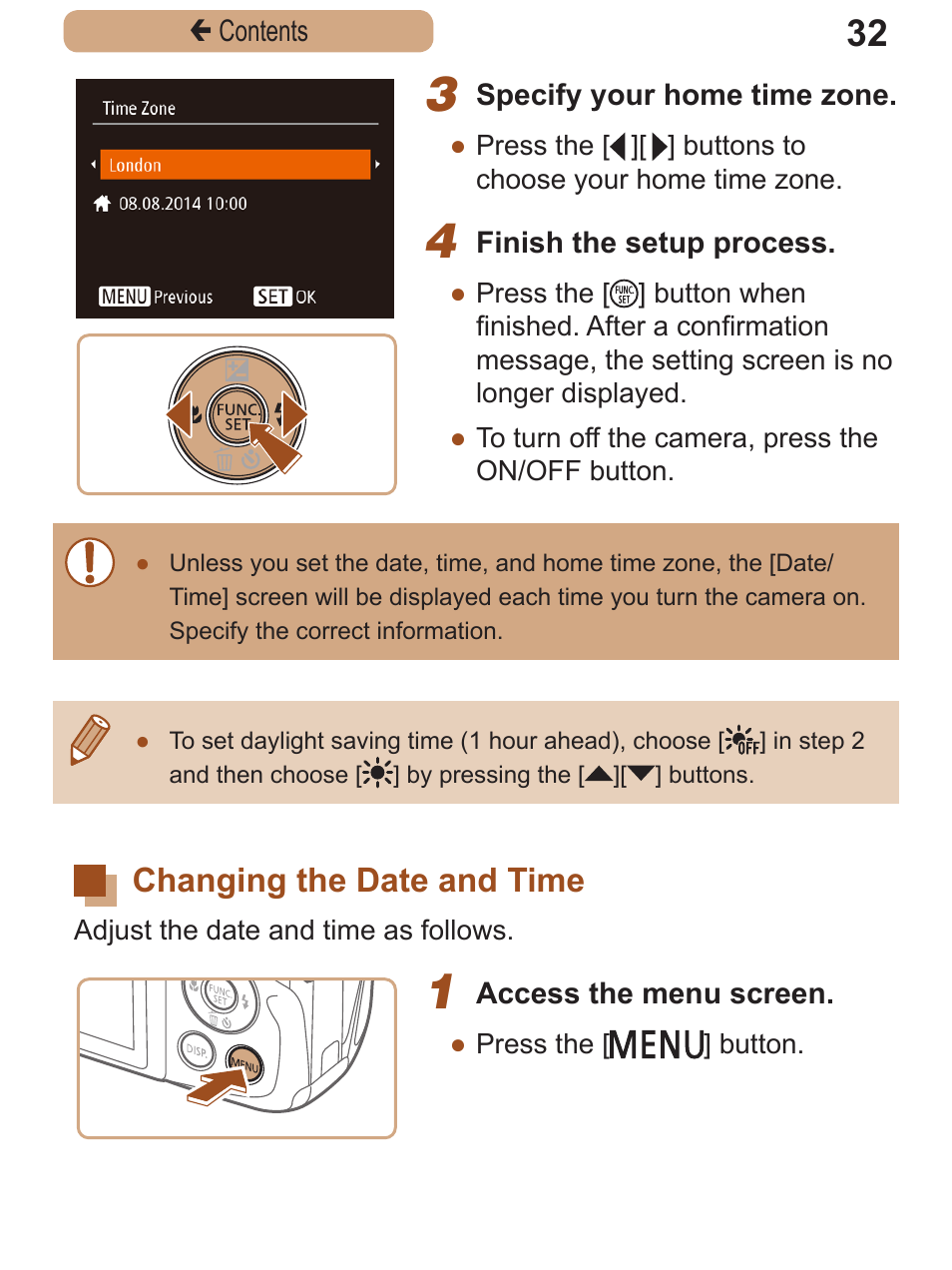 Changing the date and time, Changing the date and, Time | Canon PowerShot SX410 IS User Manual | Page 32 / 250