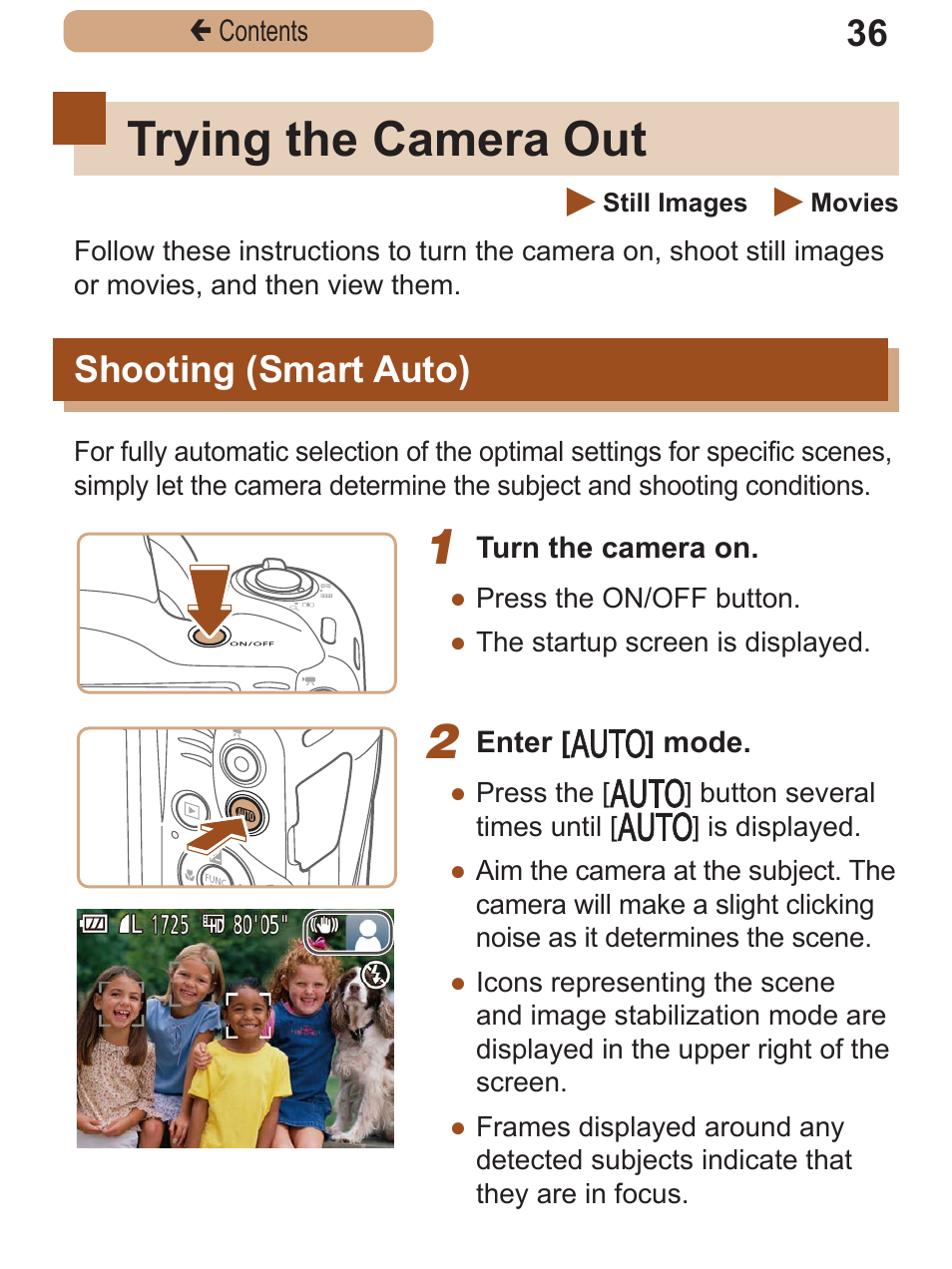 Trying the camera out, Shooting (smart auto), Shooting | Smart auto) | Canon PowerShot SX410 IS User Manual | Page 36 / 250