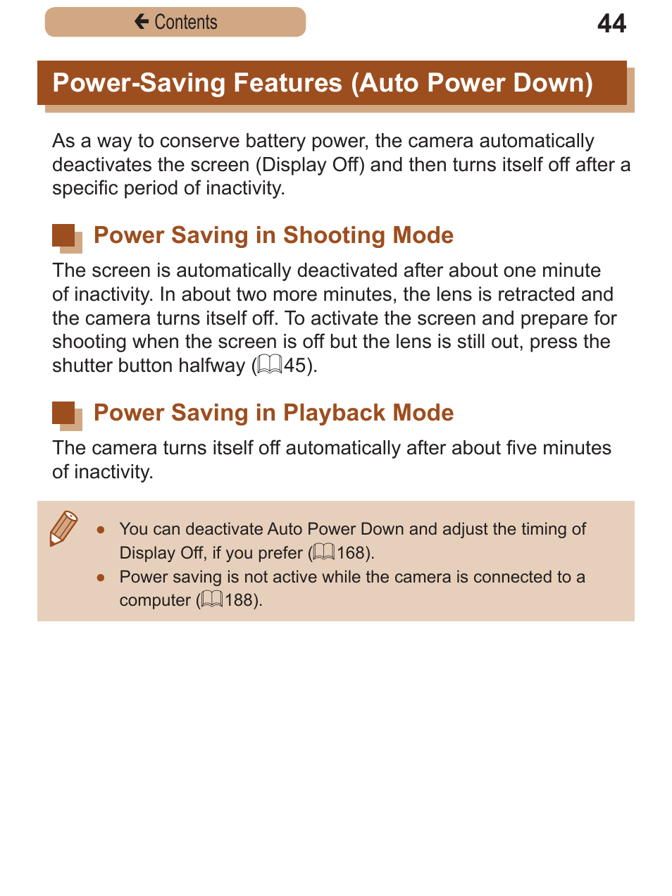 Power-saving features (auto power down), Power saving in shooting mode, Power saving in playback mode | Power-saving features, Auto power down), Power saving in, Shooting mode power saving in, Playback mode | Canon PowerShot SX410 IS User Manual | Page 44 / 250