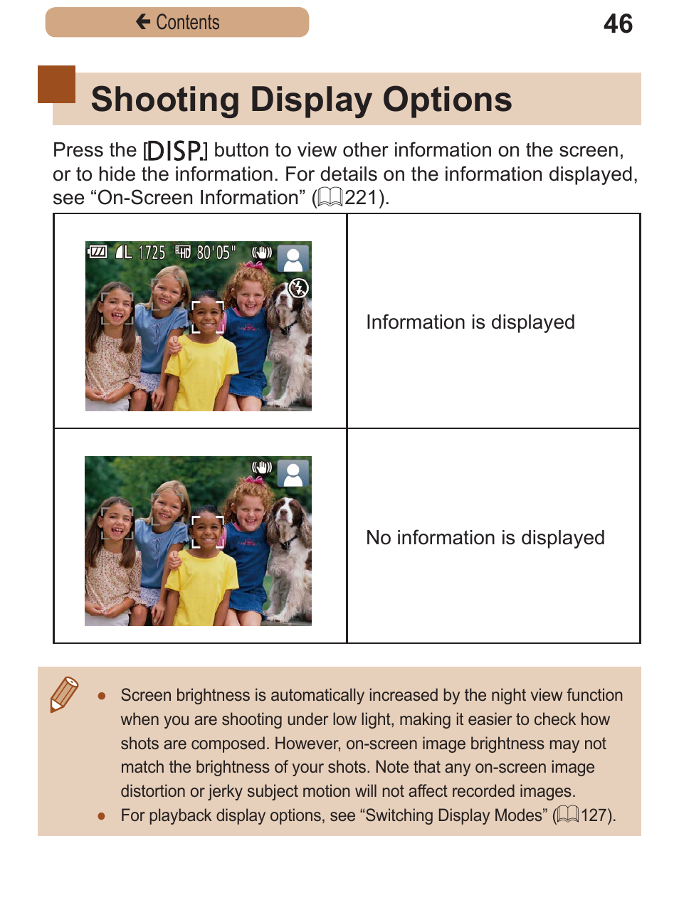 Shooting display options | Canon PowerShot SX410 IS User Manual | Page 46 / 250