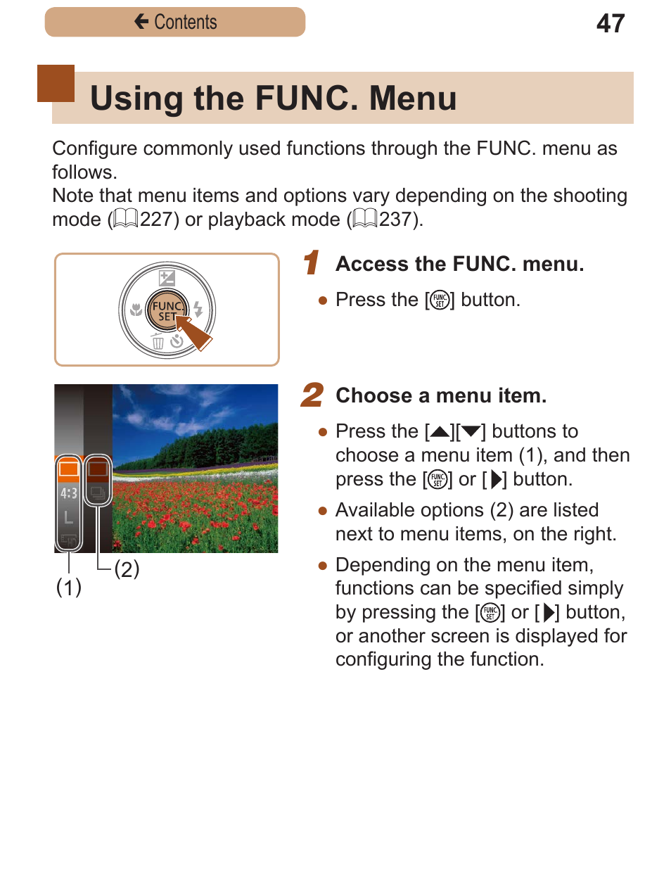 Using the func. menu | Canon PowerShot SX410 IS User Manual | Page 47 / 250