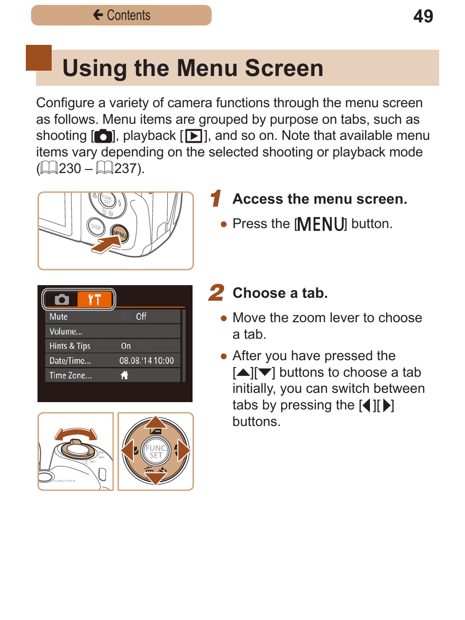 Using the menu screen | Canon PowerShot SX410 IS User Manual | Page 49 / 250