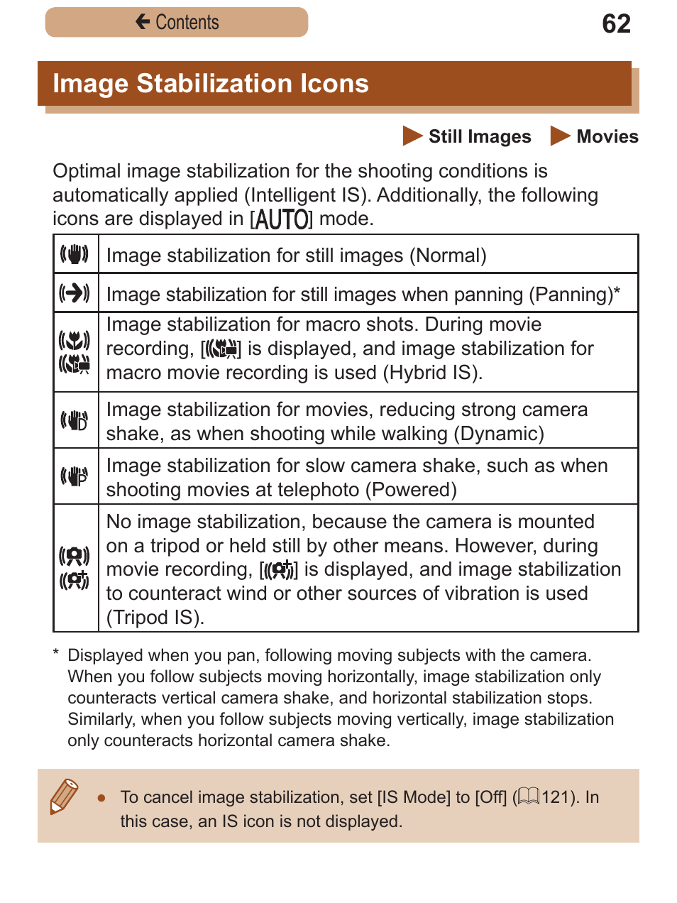 Image stabilization icons, Image stabilization, Icons | Canon PowerShot SX410 IS User Manual | Page 62 / 250