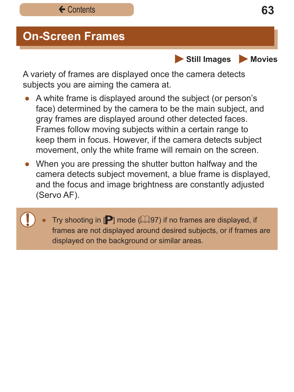 On-screen frames | Canon PowerShot SX410 IS User Manual | Page 63 / 250