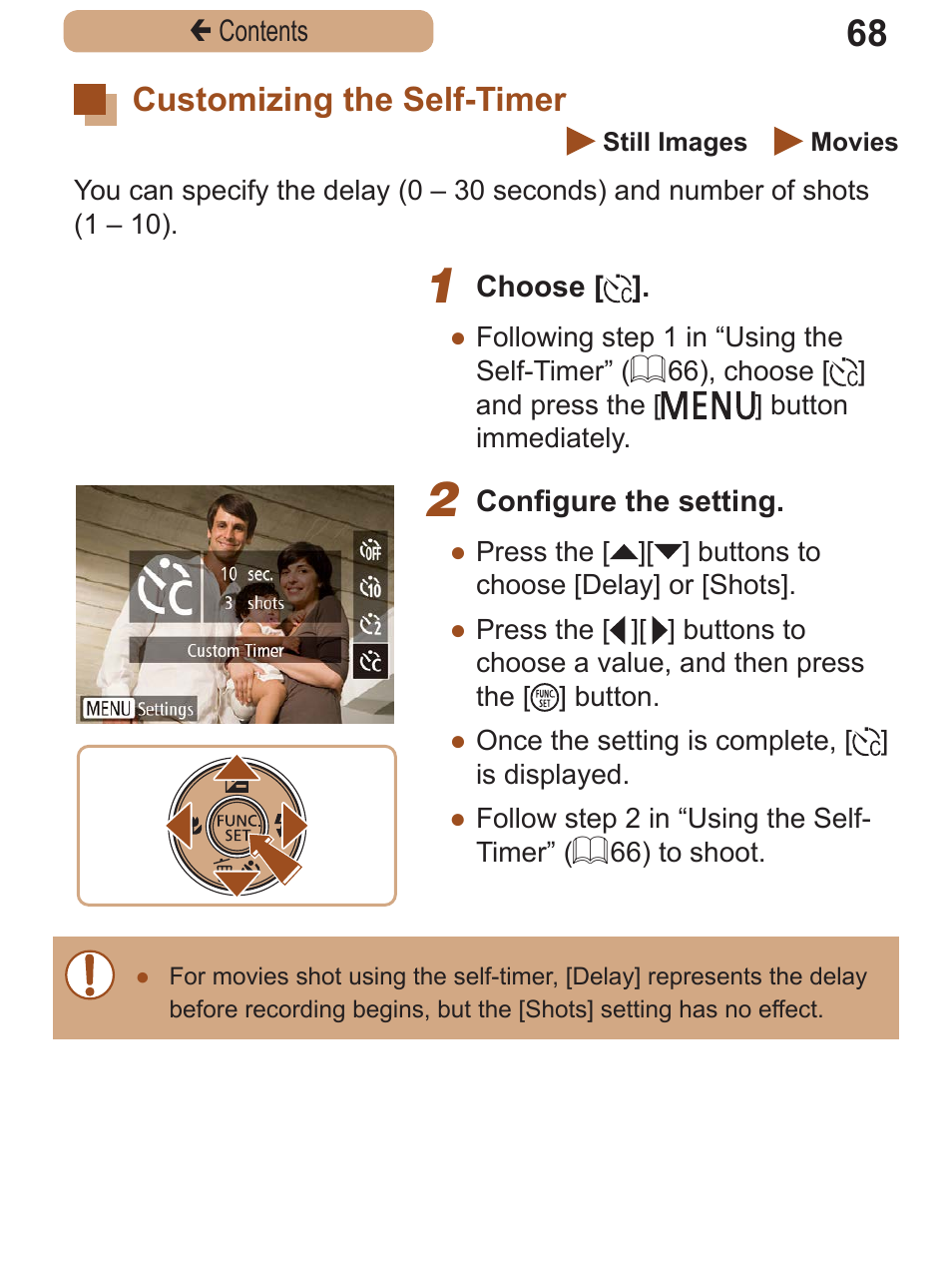 Customizing the self-timer, Customizing the, Self-timer | Canon PowerShot SX410 IS User Manual | Page 68 / 250
