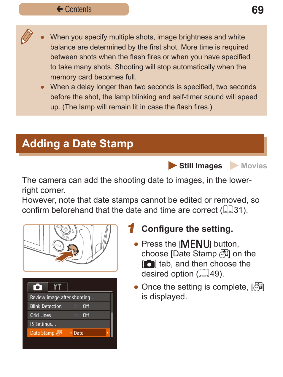 Adding a date stamp, Adding a date, Stamp | Canon PowerShot SX410 IS User Manual | Page 69 / 250
