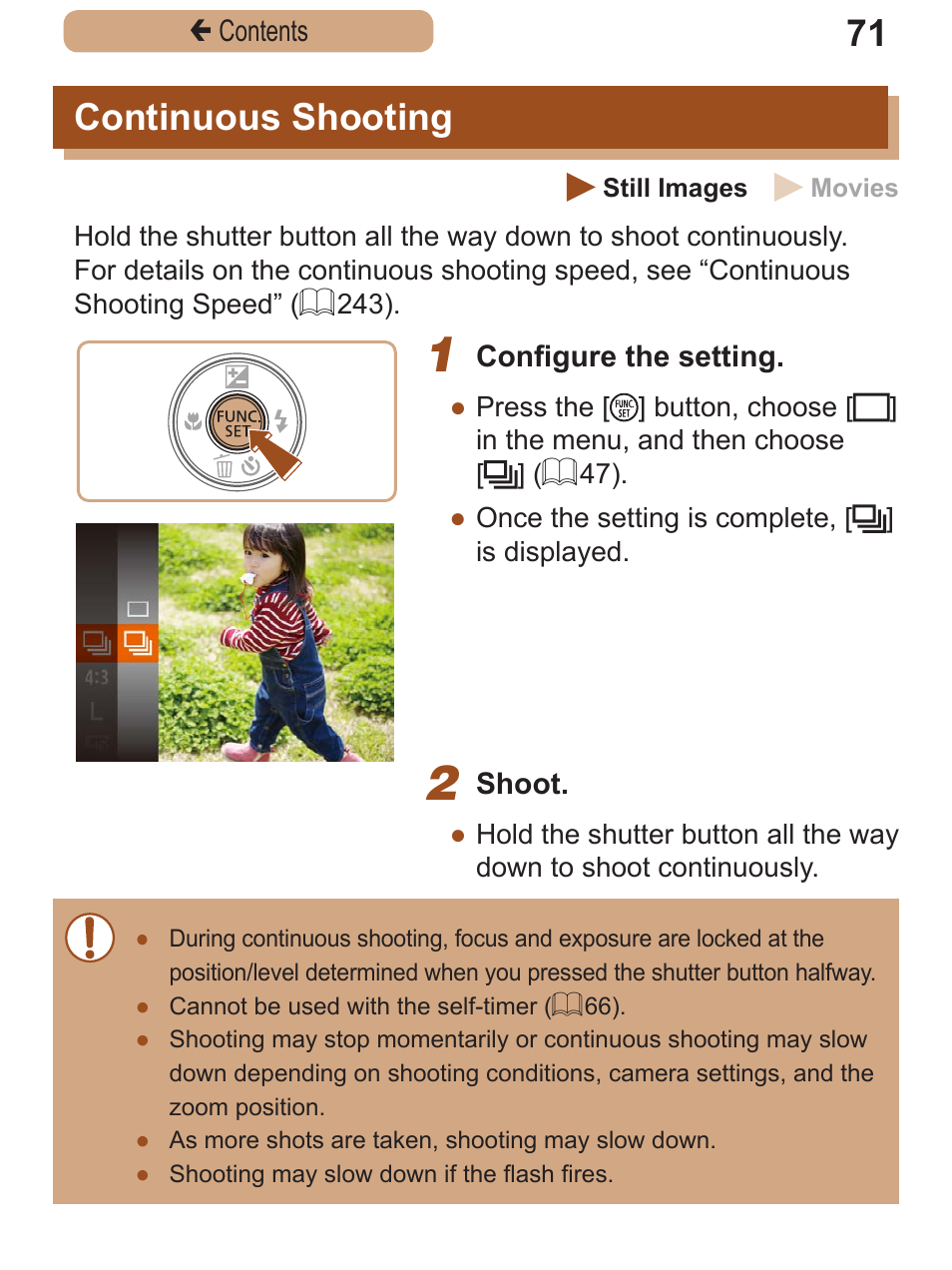 Continuous shooting, Continuous, Shooting | Canon PowerShot SX410 IS User Manual | Page 71 / 250