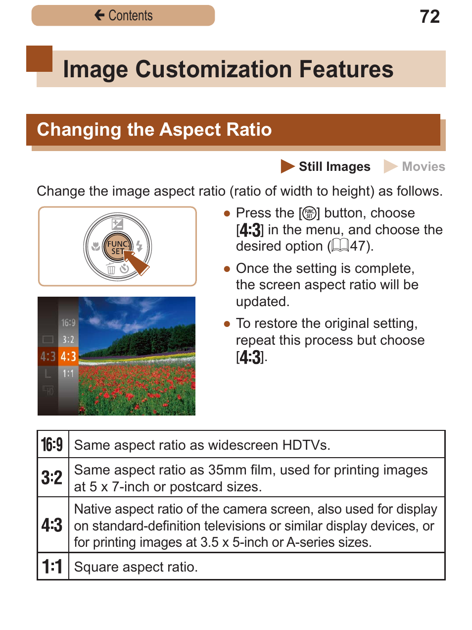 Image customization features, Changing the aspect ratio, Image customization | Features, Changing the aspect, Ratio | Canon PowerShot SX410 IS User Manual | Page 72 / 250