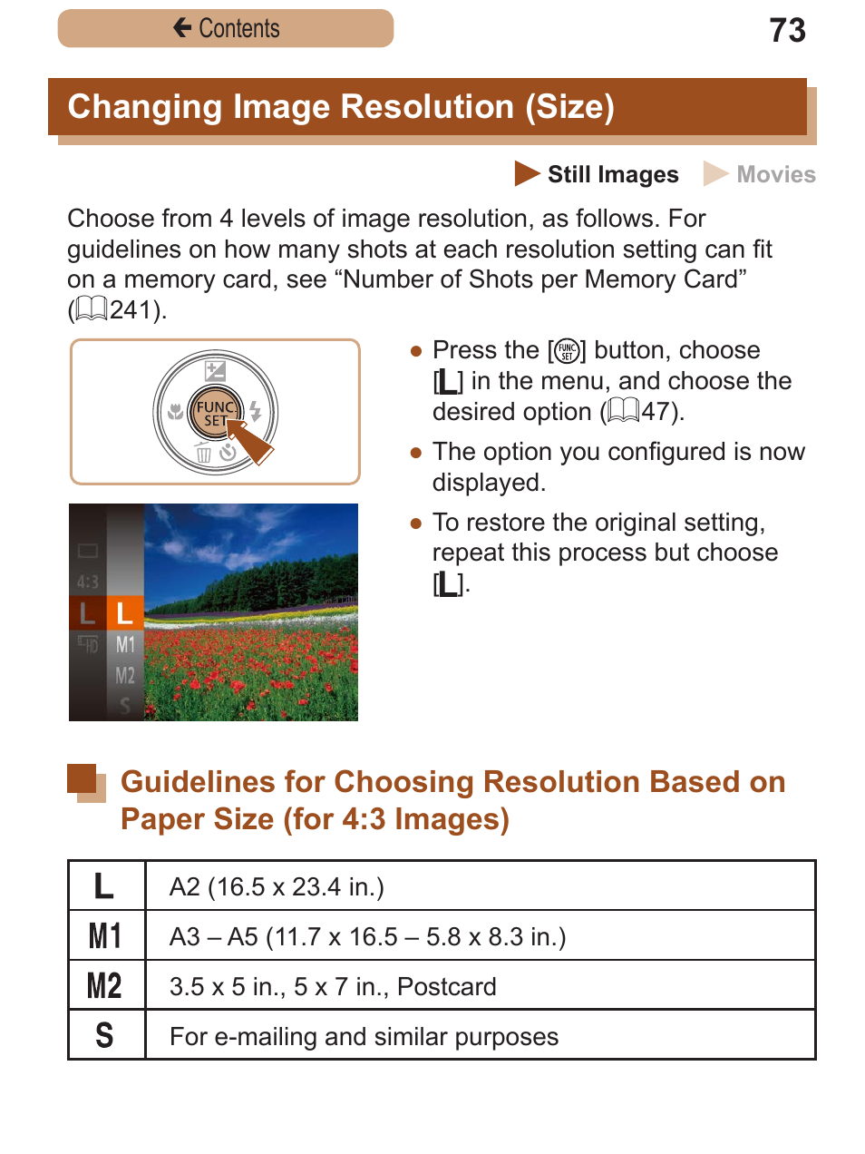 Changing image resolution (size), Changing image, Resolution (size) | Guidelines for choosing, Resolution based on, Paper size (for 4:3, Images) | Canon PowerShot SX410 IS User Manual | Page 73 / 250