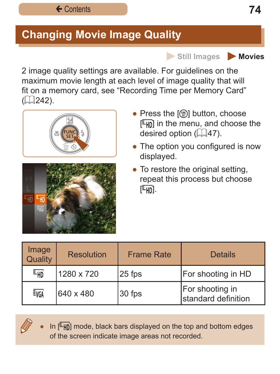 Changing movie image quality, Changing movie image, Quality | Canon PowerShot SX410 IS User Manual | Page 74 / 250
