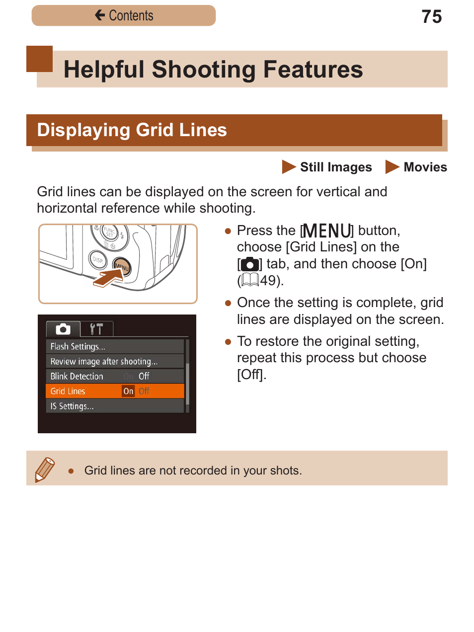 Helpful shooting features, Displaying grid lines, Displaying grid | Lines | Canon PowerShot SX410 IS User Manual | Page 75 / 250