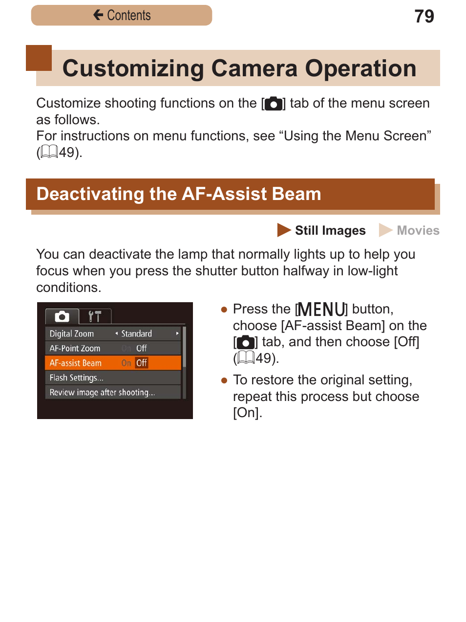 Customizing camera operation, Deactivating the af-assist beam, Customizing camera | Operation, Deactivating the af, Assist beam | Canon PowerShot SX410 IS User Manual | Page 79 / 250