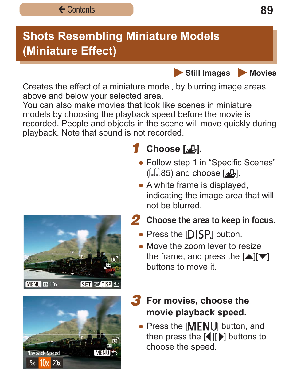 Shots resembling, Miniature models, Miniature effect) | Canon PowerShot SX410 IS User Manual | Page 89 / 250