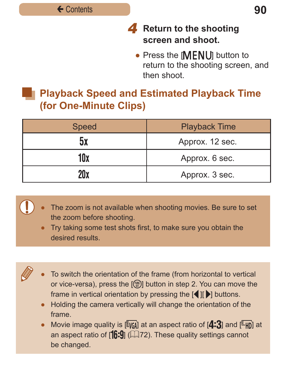 Playback speed and, Estimated playback, Time (for one-minute | Clips) | Canon PowerShot SX410 IS User Manual | Page 90 / 250