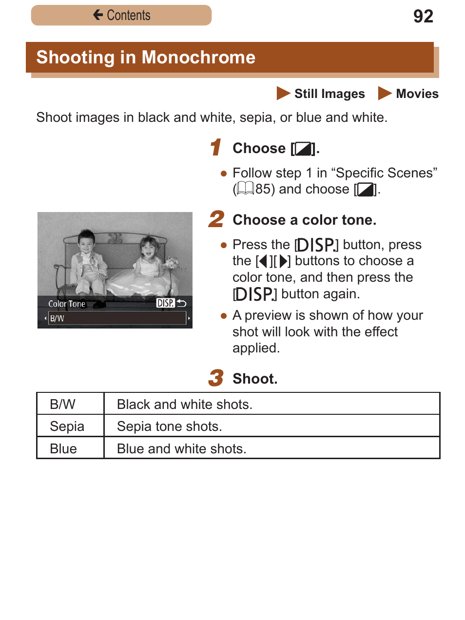 Shooting in monochrome, Shooting in, Monochrome | Canon PowerShot SX410 IS User Manual | Page 92 / 250