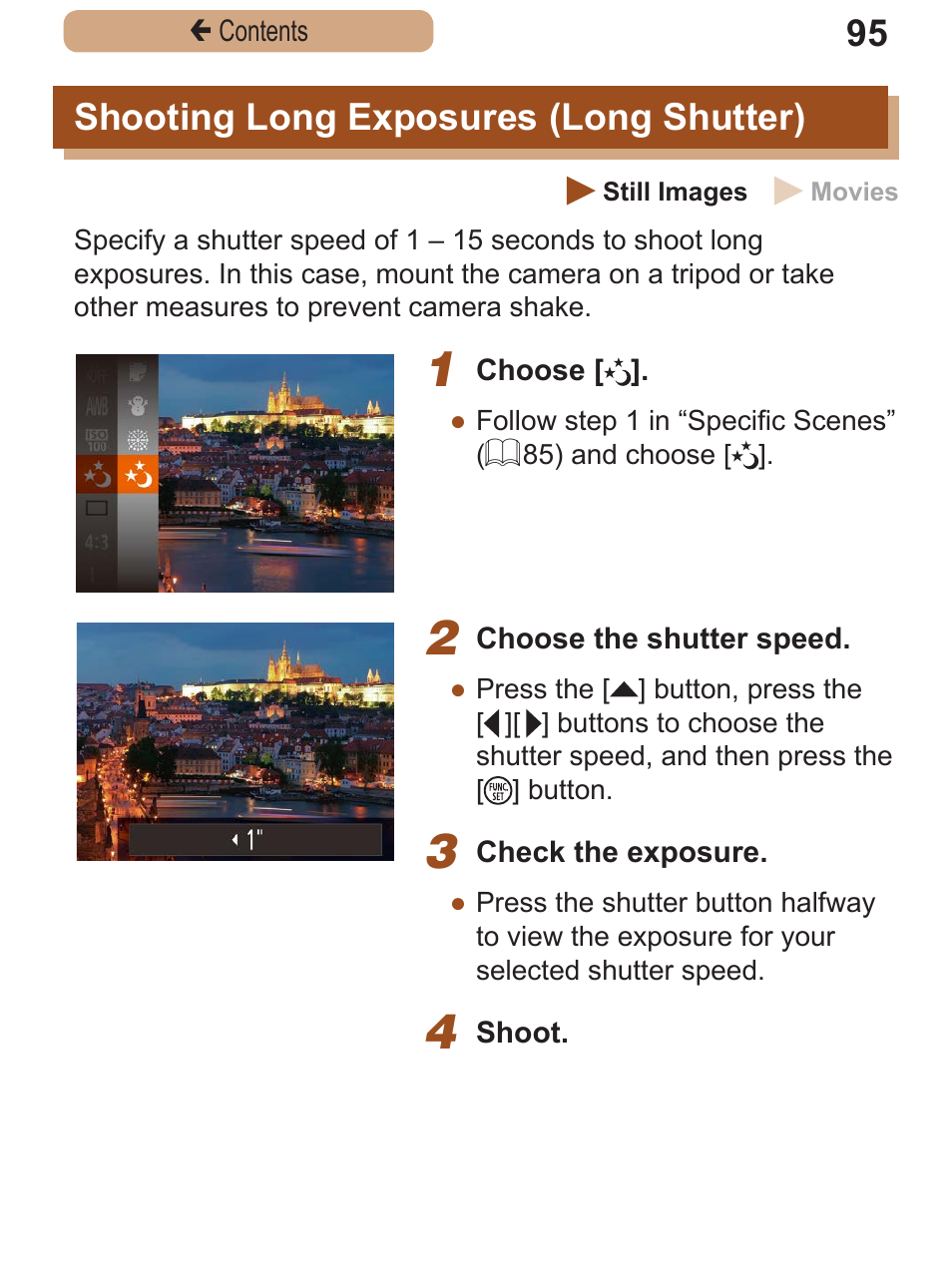 Shooting long exposures (long shutter), Shooting long, Exposures (long | Shutter), Images, or shooting long exposures (= 95) | Canon PowerShot SX410 IS User Manual | Page 95 / 250