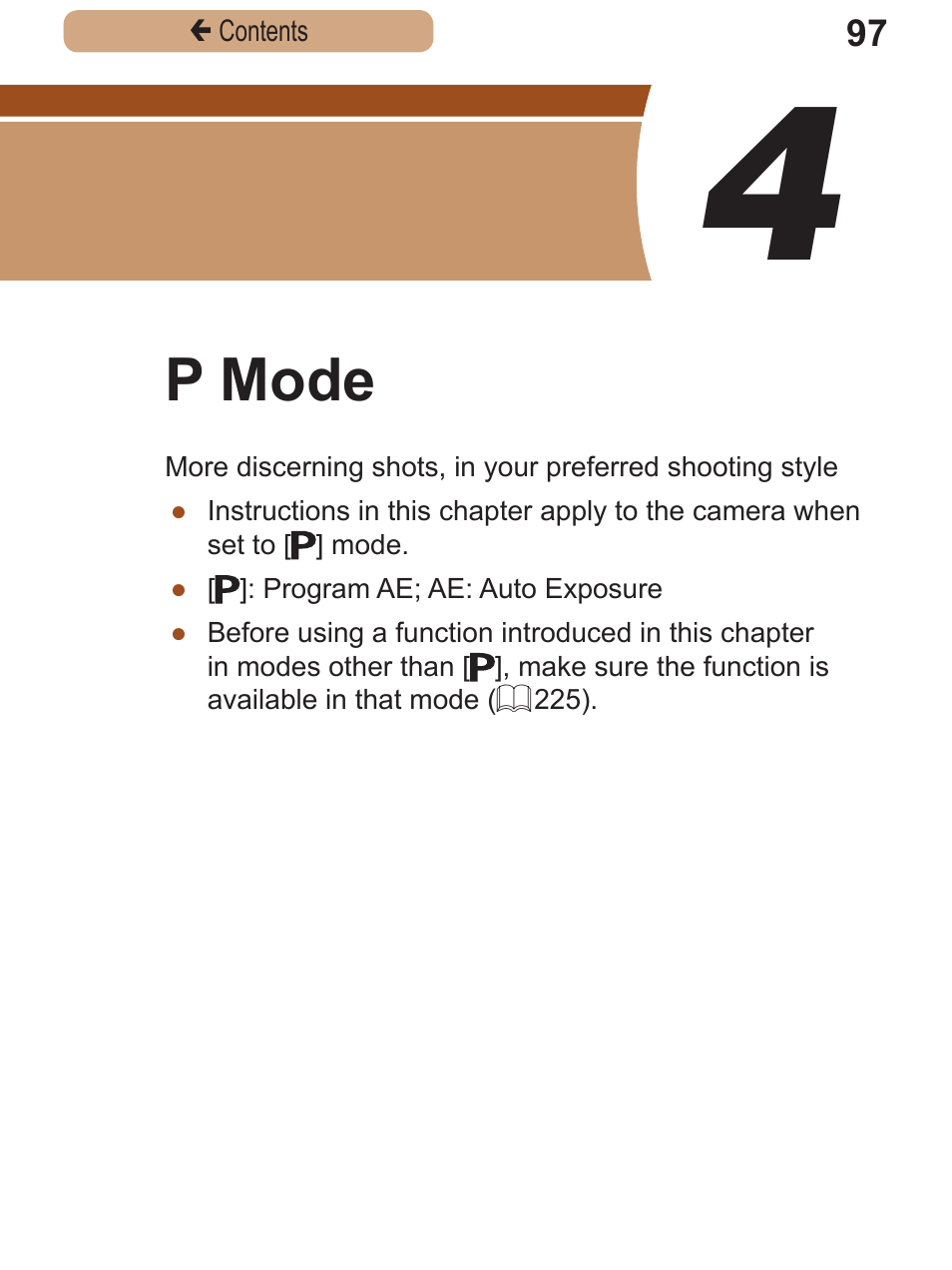4 p mode, P mode | Canon PowerShot SX410 IS User Manual | Page 97 / 250