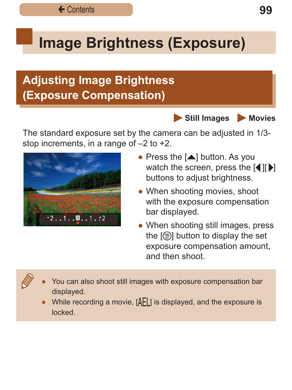 Image brightness (exposure), Adjusting image brightness (exposure compensation), Image brightness | Exposure), Adjusting image, Brightness, Exposure, Compensation) | Canon PowerShot SX410 IS User Manual | Page 99 / 250