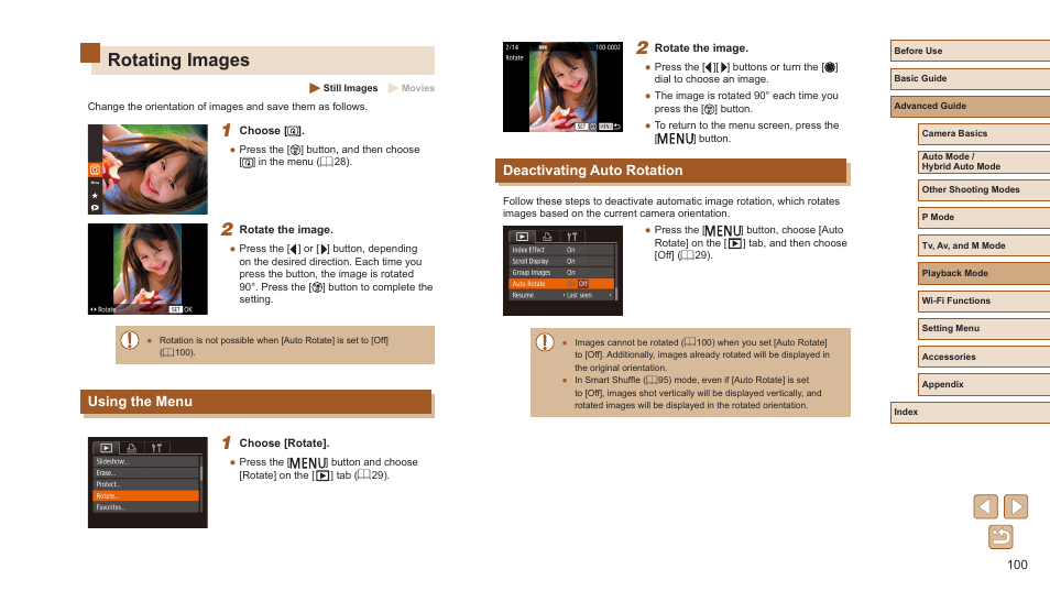 Rotating images, Using the menu deactivating auto rotation, Deactivating auto rotation | Using the menu | Canon PowerShot SX720 HS User Manual | Page 100 / 185