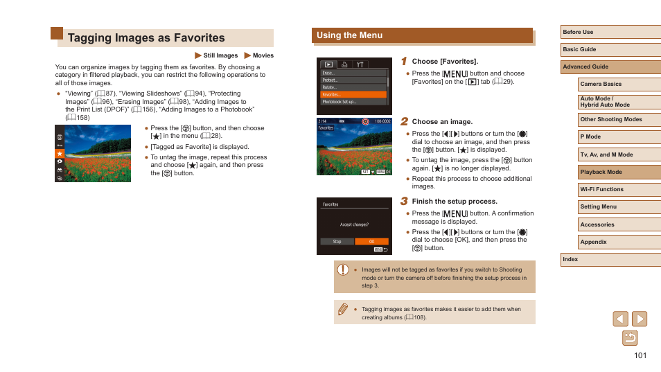 Tagging images as favorites, Using the menu, Tagging as favorites (= 101), editing | 101) by pressing the, Displays images tagged as favorites (= 101) | Canon PowerShot SX720 HS User Manual | Page 101 / 185