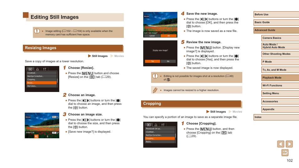 Editing still images, Resizing images cropping, 102), printing | Cropping, Resizing images | Canon PowerShot SX720 HS User Manual | Page 102 / 185