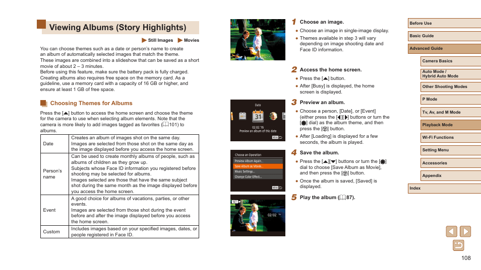 Viewing albums (story highlights), Choosing themes for albums, Creating albums (= 108) | Canon PowerShot SX720 HS User Manual | Page 108 / 185