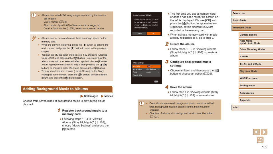 Adding background music to albums, Albums (= 109) with bgm cannot be edited | Canon PowerShot SX720 HS User Manual | Page 109 / 185
