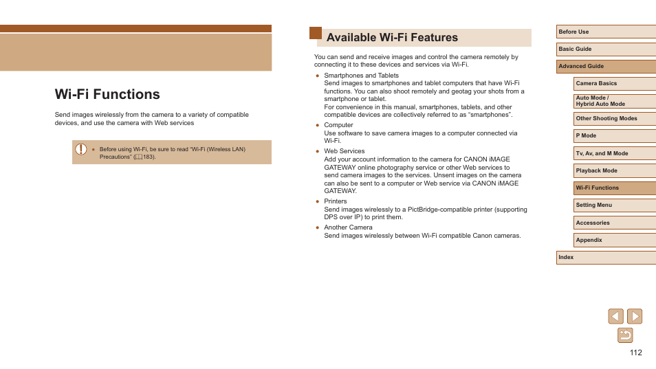 Wi-fi functions, Available wi-fi features | Canon PowerShot SX720 HS User Manual | Page 112 / 185