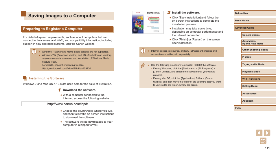 Saving images to a computer, Preparing to register a computer, Installing the software | Canon PowerShot SX720 HS User Manual | Page 119 / 185