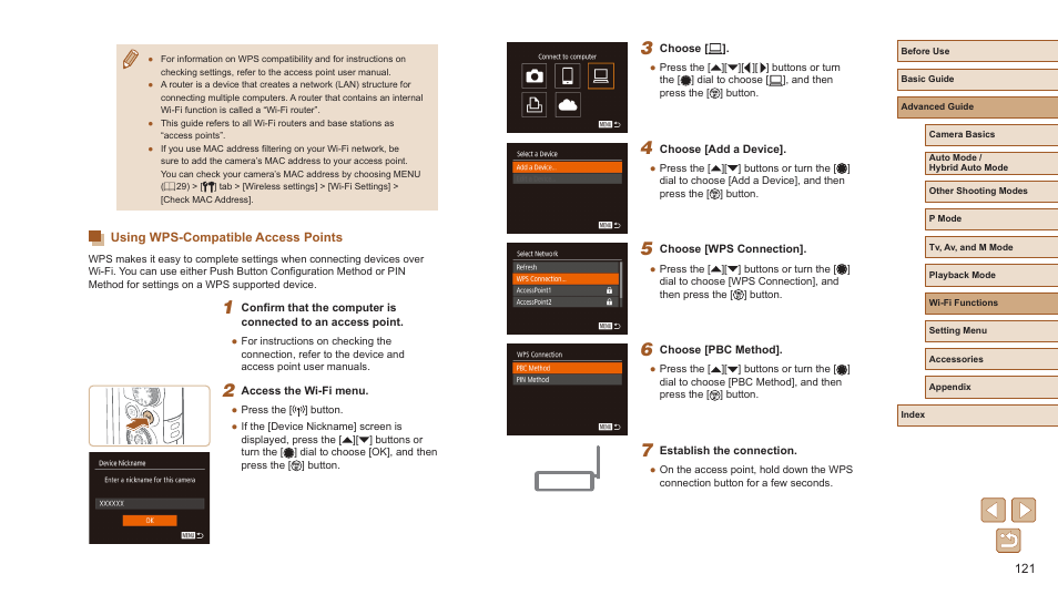 Using wps-compatible access points, Follow steps 5 – 8 in “using wps, Compatible access points” (= 121) to | Canon PowerShot SX720 HS User Manual | Page 121 / 185