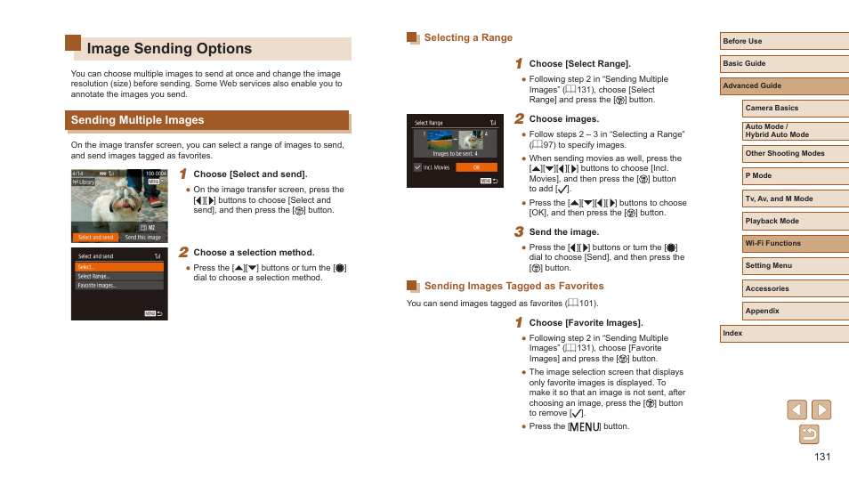 Image sending options, Sending multiple images, Size before sending (= 131) | Canon PowerShot SX720 HS User Manual | Page 131 / 185