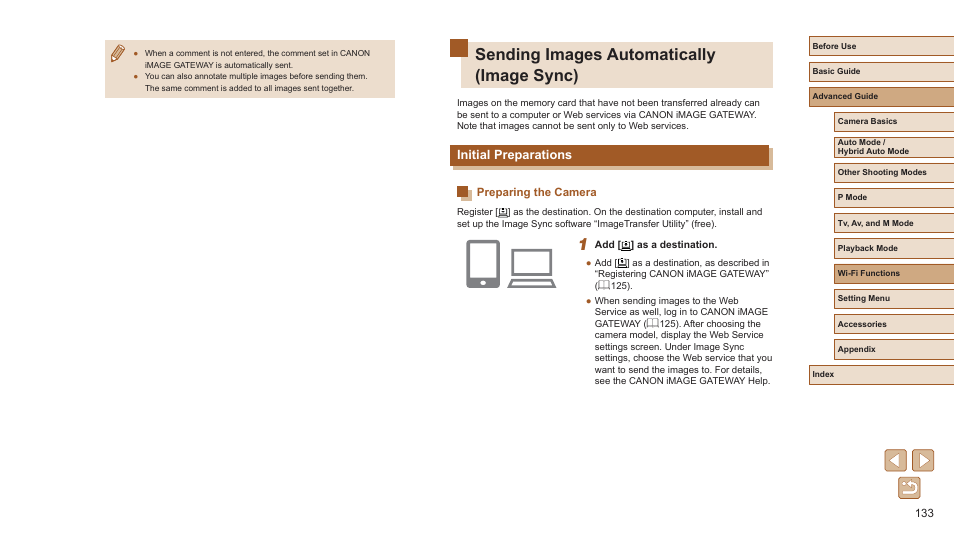 Sending images automatically (image sync), Initial preparations, Preparing the camera | 133) and canon image | Canon PowerShot SX720 HS User Manual | Page 133 / 185