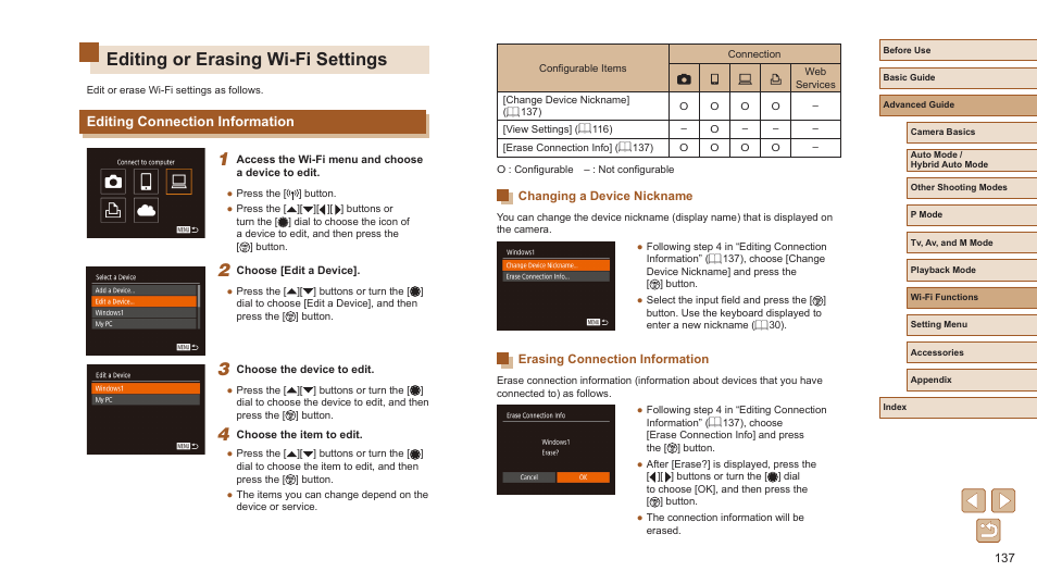 Editing or erasing wi-fi settings, Editing connection information | Canon PowerShot SX720 HS User Manual | Page 137 / 185