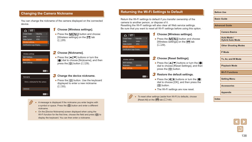 Changing the camera nickname, Returning the wi-fi settings to default | Canon PowerShot SX720 HS User Manual | Page 138 / 185