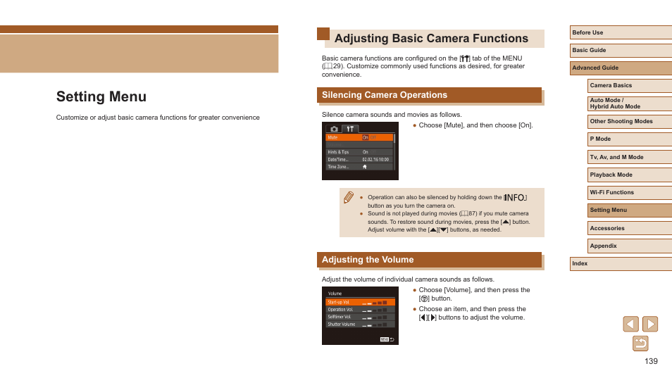 Setting menu, Adjusting basic camera functions, Silencing camera operations adjusting the volume | Silencing camera operations, Adjusting the volume | Canon PowerShot SX720 HS User Manual | Page 139 / 185