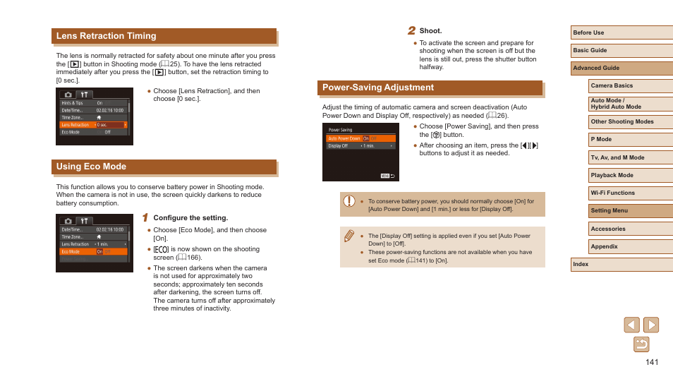 Power-saving adjustment, Lens retraction timing, Using eco mode | Canon PowerShot SX720 HS User Manual | Page 141 / 185
