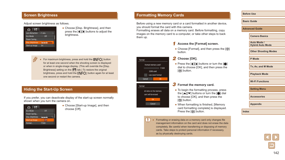 Screen brightness, Hiding the start-up screen | Canon PowerShot SX720 HS User Manual | Page 142 / 185