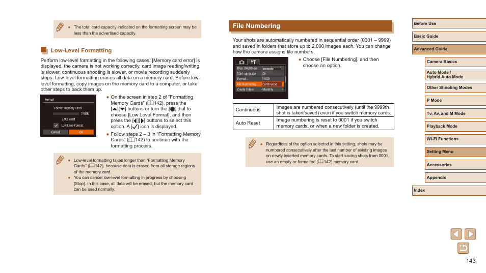 Low-level formatting, File numbering | Canon PowerShot SX720 HS User Manual | Page 143 / 185