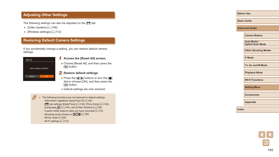 Tab (= 145), Adjusting other settings, Restoring default camera settings | Canon PowerShot SX720 HS User Manual | Page 145 / 185