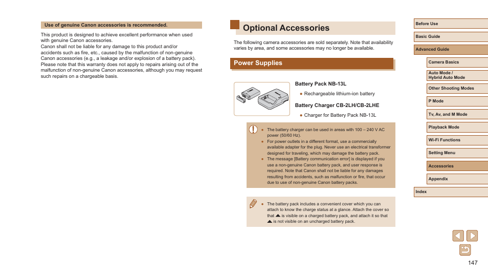 Optional accessories, Power supplies | Canon PowerShot SX720 HS User Manual | Page 147 / 185