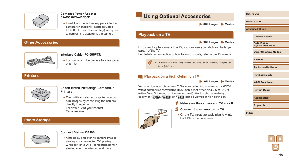 Other accessories printers photo storage, Using optional accessories, Playback on a tv | Playback on a high-definition tv, Tv is used as a display (= 148), 148), but the magnified display will not appear, Ideo system] (= 148), Other accessories, Printers, Photo storage | Canon PowerShot SX720 HS User Manual | Page 148 / 185
