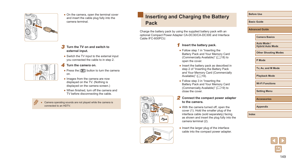 Inserting and charging the battery pack | Canon PowerShot SX720 HS User Manual | Page 149 / 185