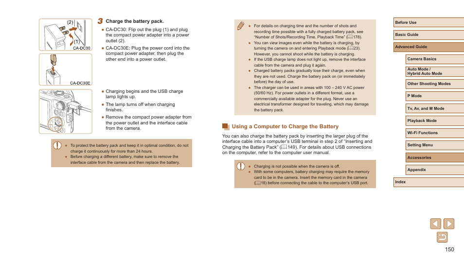 Using a computer to charge the battery | Canon PowerShot SX720 HS User Manual | Page 150 / 185