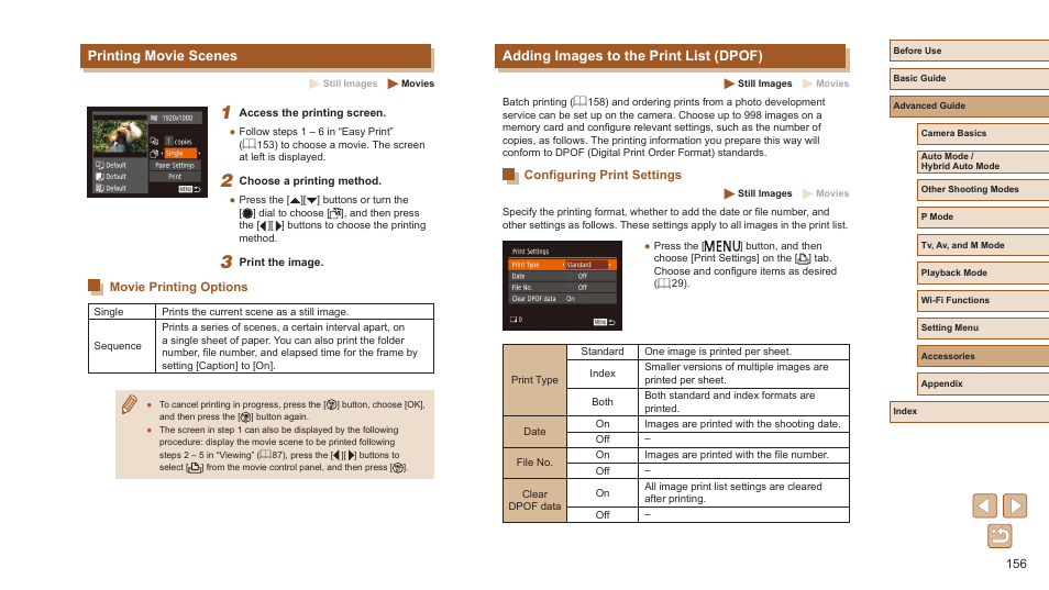 Printing movie scenes, Movie printing options, Adding images to the print list (dpof) | Configuring print settings, 156), or | Canon PowerShot SX720 HS User Manual | Page 156 / 185