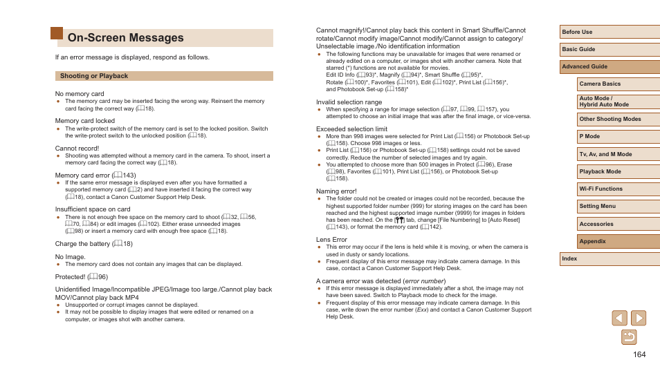 On-screen messages | Canon PowerShot SX720 HS User Manual | Page 164 / 185