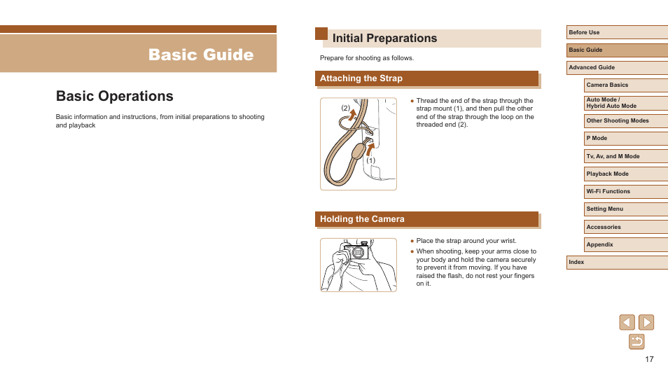 Basic guide, Basic operations, Initial preparations | Attaching the strap holding the camera, Attaching the strap, Holding the camera | Canon PowerShot SX720 HS User Manual | Page 17 / 185
