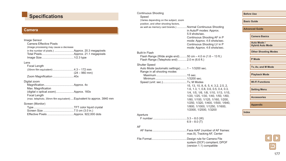 Specifications, Camera, Speeds and aperture values, see “camera | Canon PowerShot SX720 HS User Manual | Page 177 / 185